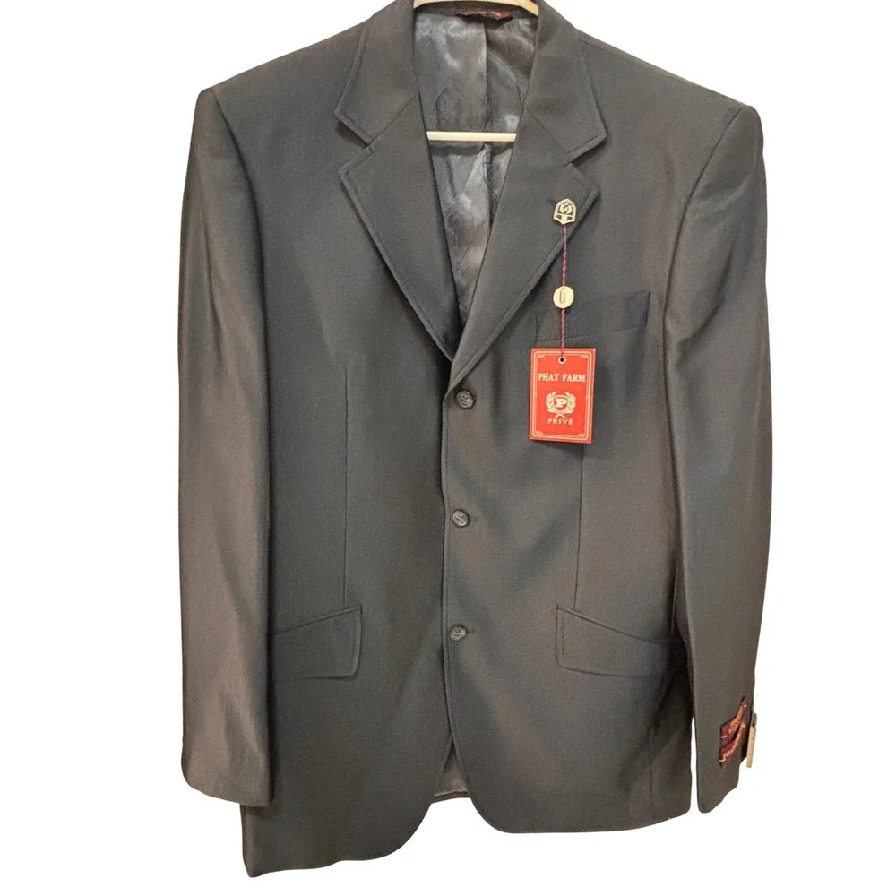 Phat Farm Prive Mens Blazer Suit‎ Jacket Navy Blue L40 Wool Touch Superior 160s